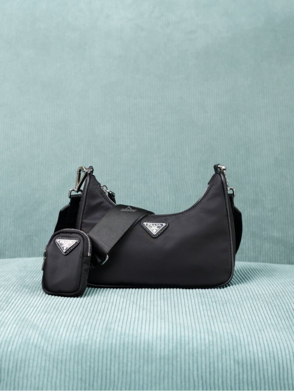 Black Nylon Shoulder Bag with Detachable Mini Pouch